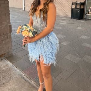 Strapless light blue sparkle feather formal dress